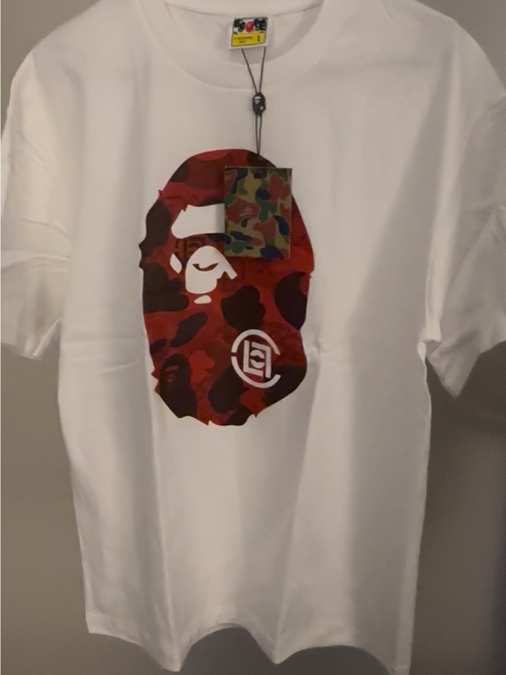 Bape White Tee with Red Camo Ape Head Graphic